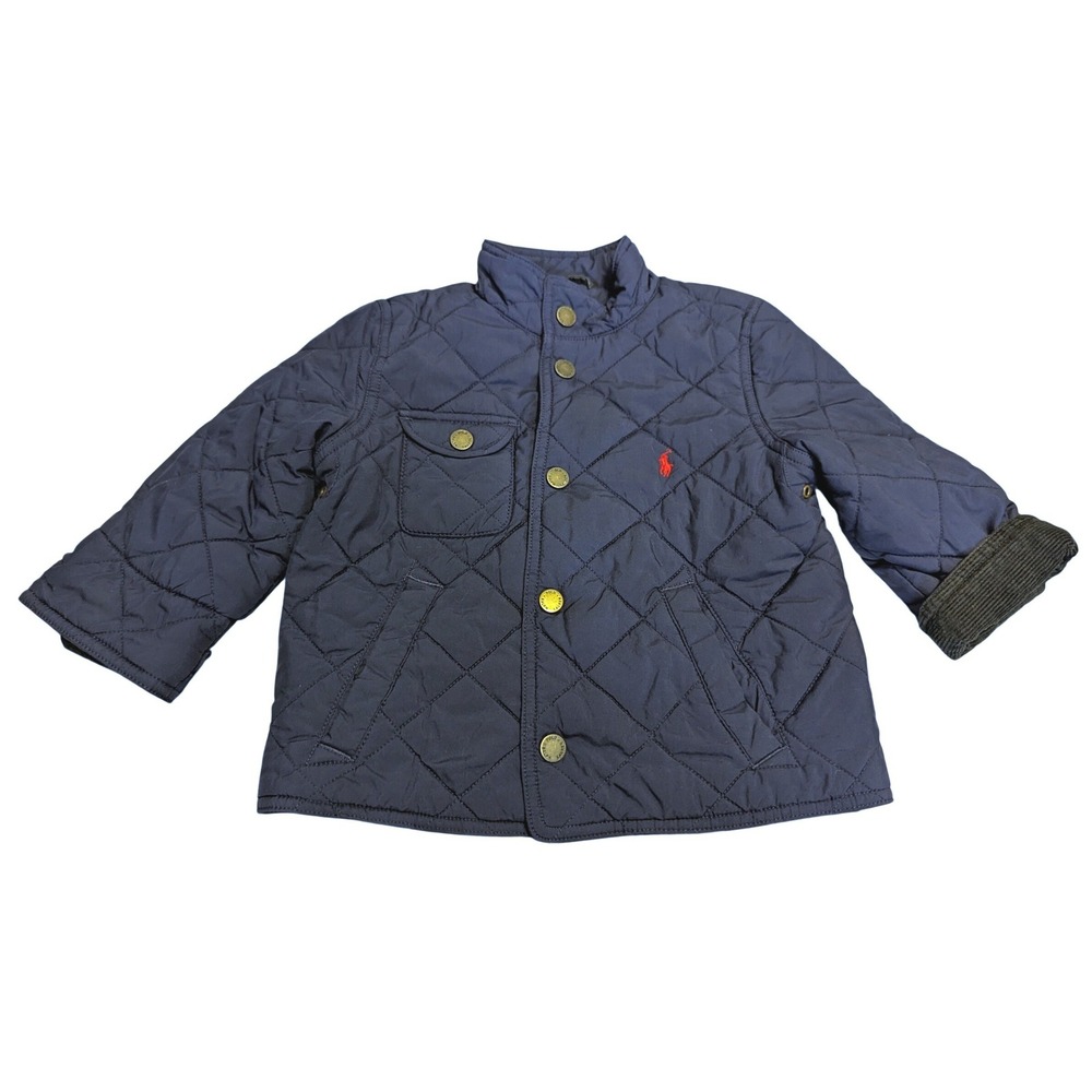 Polo Ralph Lauren Kids Navy Blue Quilted Barn Jacket 2T Corduroy Trim Snap Front